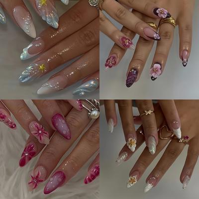 TEMU 96pcs Shaped Nail Set With Floral & Glitter Patterns, Color , Comfortable & Easy To Apply, Long- Shine, Includes Jelly Glue & Nail File Image