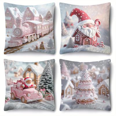 TEMU Christmas Pillow Covers Set - 18x18 Inches, Santa & Design With Pink Train And Tree, Zip Closure, Machine Washable - Sofa & Bed Decor (no Insert) Image
