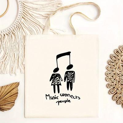"TEMU Canvas Tote Bag - Large Capacity Handbag With "music People" Print For Outdoor, Picnic, Party, Travel, Shopping" Image