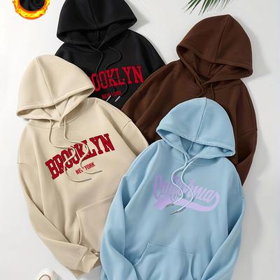 TEMU Women's Casual Polyester Hooded Sweatshirts With Alphabet Print - Four-piece Set, 100% Polyester Knit Fabric, Cozy Thickened Fleece-lined Loungewear Hoodies Image