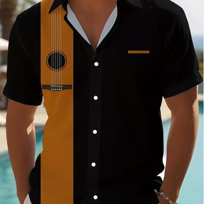 TEMU Men's Casual Geometric Print Button- Shirt With Contrast Collar & Cuffs - Black & Mustard-yellow, Machine Washable Regular Fit For Casual Attire, Summer Fashion, Stylish , Fabric Image