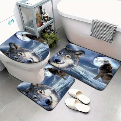 TEMU 3pcs/4pcs 3d Printed Wolf Moon Pattern Bathroom Mat Set Toilet Seat Cover U-shaped Foot Mat Image