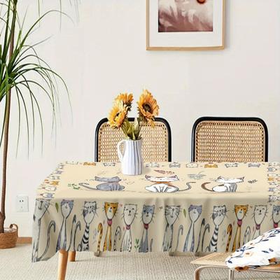TEMU 1pc Polyester Cat Print Tablecloth - Adorable Cartoon With Foliage, Wrinkle-free, Birthday Parties, Holidays, Indoor/outdoor Use, Home Kitchen Decor, 6 Sizes Image