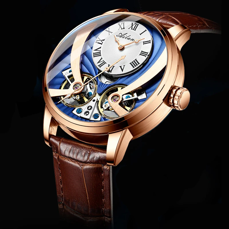 AILANG Skeleton Automatische Mechanische Uhr Lederband Männer Steampunk Doppel Tourbillon Herren Armbanduhren Montre Homme Image