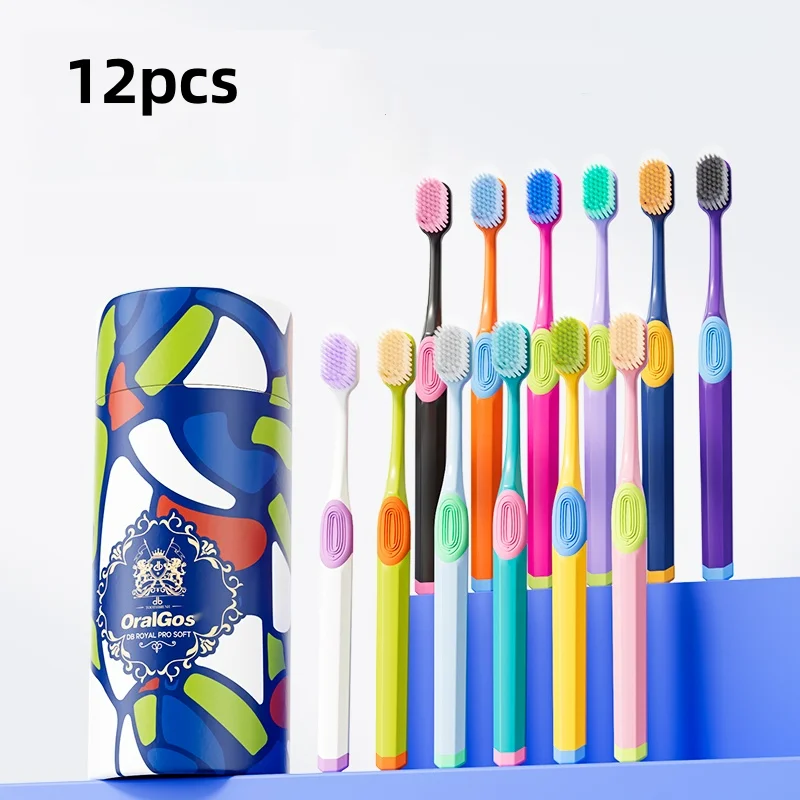 12er-Pack modische dopaminfarbene, mittelweiche Borsten-Zahnbürsten mit breitem Kopf, reinigt Zähne, Schmutz und Flecken, Geschenkbox mit zylindrischer High-End-Zahnbürste für Erwachsene, ein Image