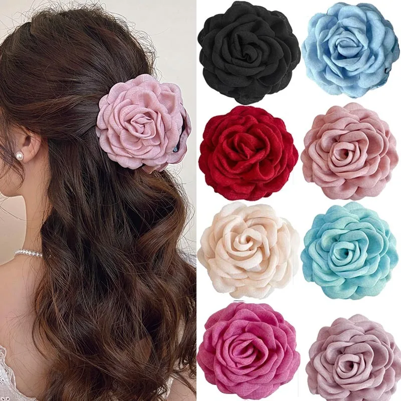 Französische romantische Rose Blume Haarspange Frauen elegante große Hai Clip Haar Klaue Pferdeschwanz Haarspangen Mädchen Haarschmuck Kopfbedeckung