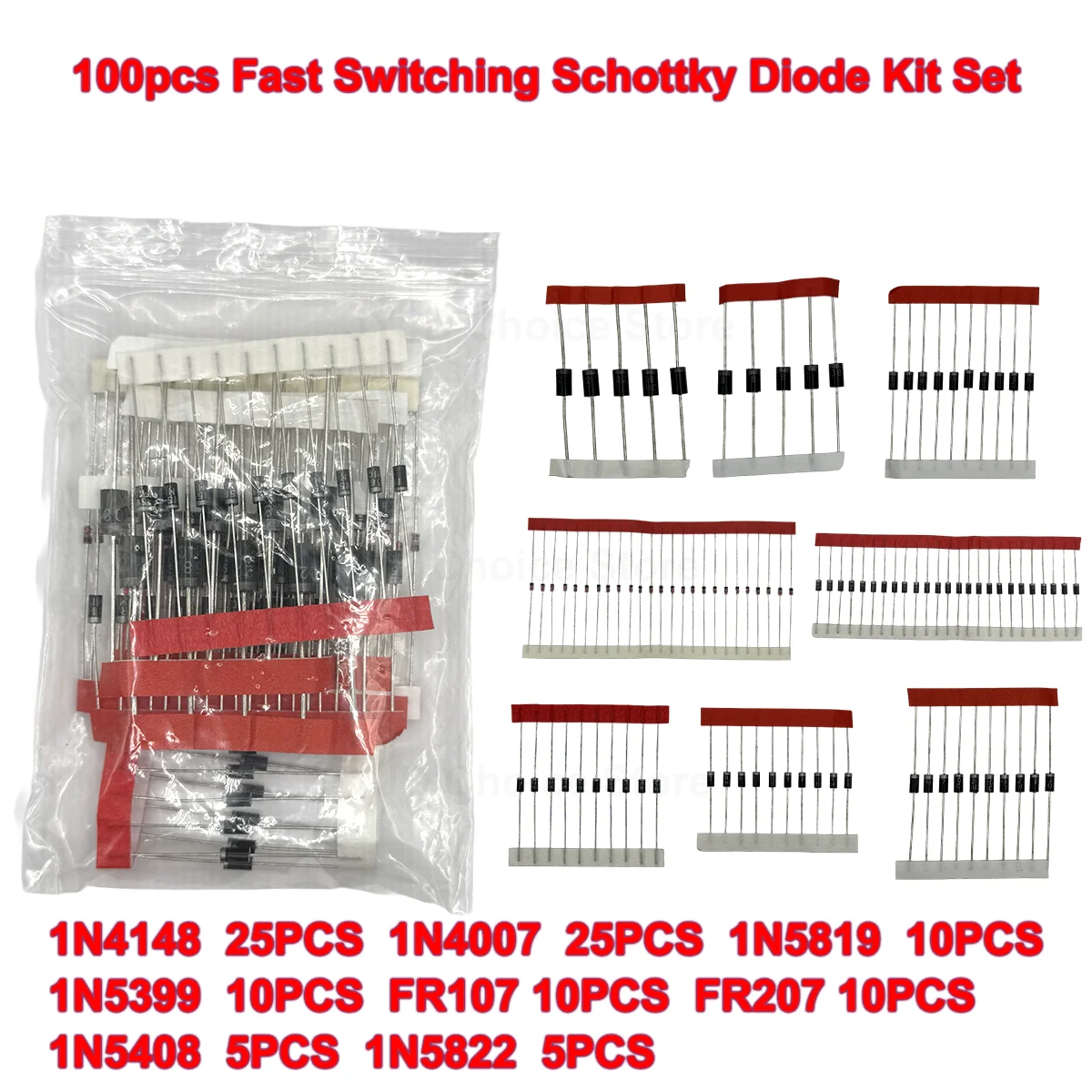 100 Stück schnell schaltendes Schottky-Dioden-Kit-Set 1N4148 1N4007 1N5819 1N5399 1N5408 1N5822 FR107 FR207 8 Werte elektronische Komponenten Image