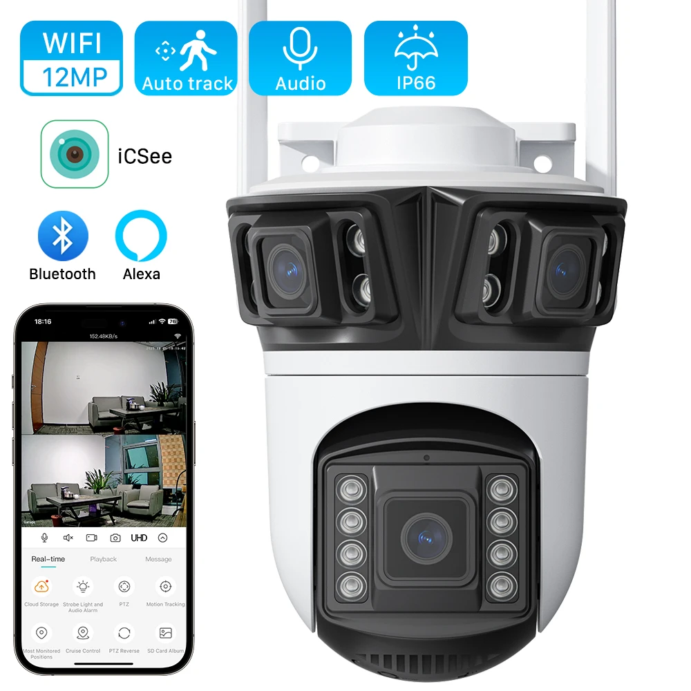 12MP 6K Drei Bildschirm WIFI IP Kamera Outdoor 8MP 4K Dual Objektiv PTZ Kamera Ai Menschlichen Erkennung CCTV Video Sicherheit Kamera iCsee APP Image