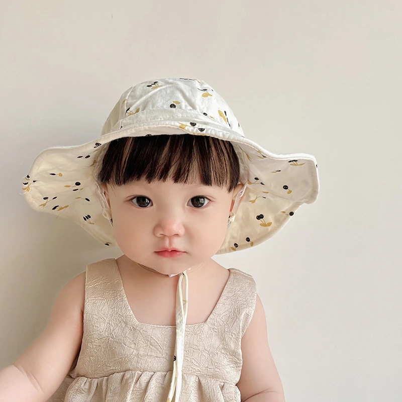 Baby-Eimerhut mit süßem Kirschdruck, Sommer-Fischermütze mit breiter Krempe für Kleinkinder, verstellbarer Kordelzug, für Kinder und Mädchen, Sonnenhüte Image