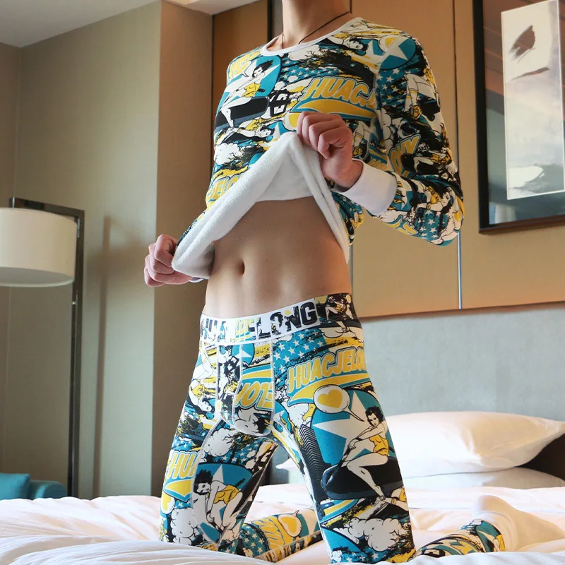 Modische Thermo-Unterwäsche für Herren, Jugend, Rundhalsausschnitt, Herbst-Kleidung und Hosen-Set, Teenager, warm, dicker Samt, bedruckt, untere Basis Image