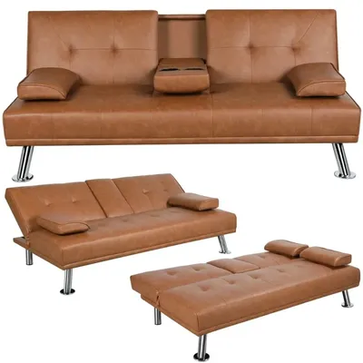 Renwick LuxuryGoods Modern Faux Leather Futon Folding Sofa Bed with Cupholders and Pillows