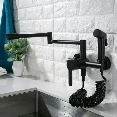 Tuqiu Fodable Kitchen Faucets Solid Brass Kitchen Sink Mixer Tap Hot & Cold Wall Mounted With Spray
