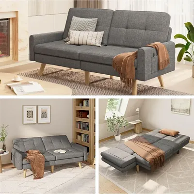 Futon Sofa Bed, 70.9" Futon Couch with Adjustable Backrest, Removable Armrest, 6 Wood Legs, 2 Metal