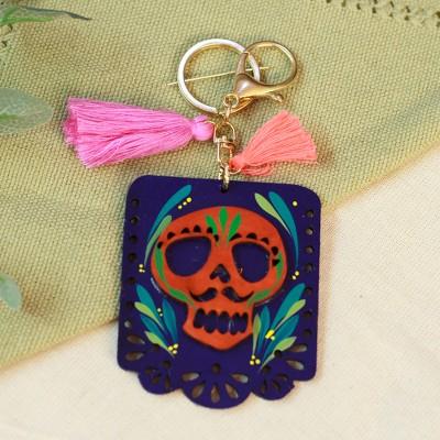 Mexican Custom,'Wood Day of the Dead Skull Keychain & Bag Charm with Tassels'