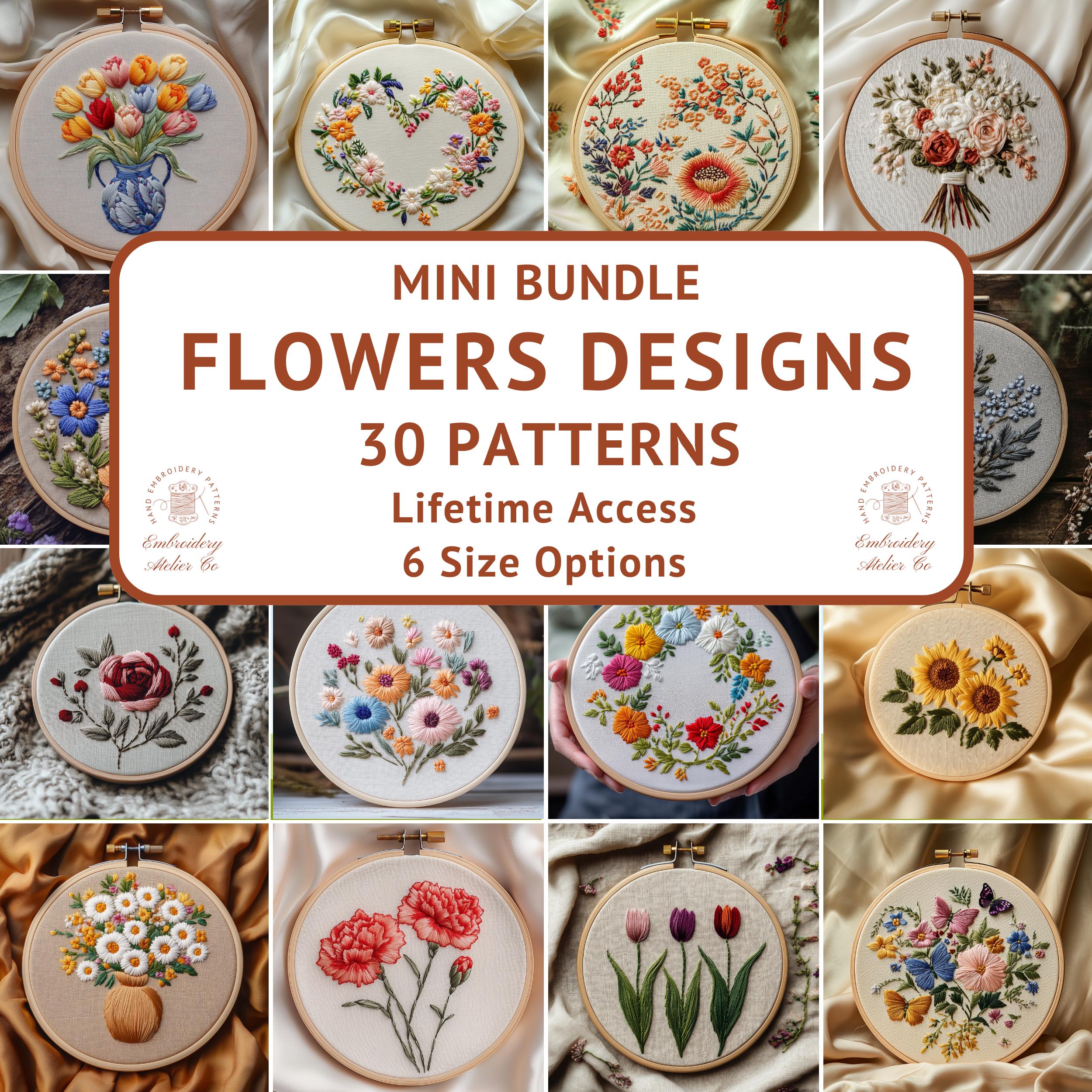 Pacchetto di modelli di ricamo a mano di fiori, pacchetto di disegni di ricamo floreale, collezione di ghirlande e bouquet di fiori, modelli PDF di ri