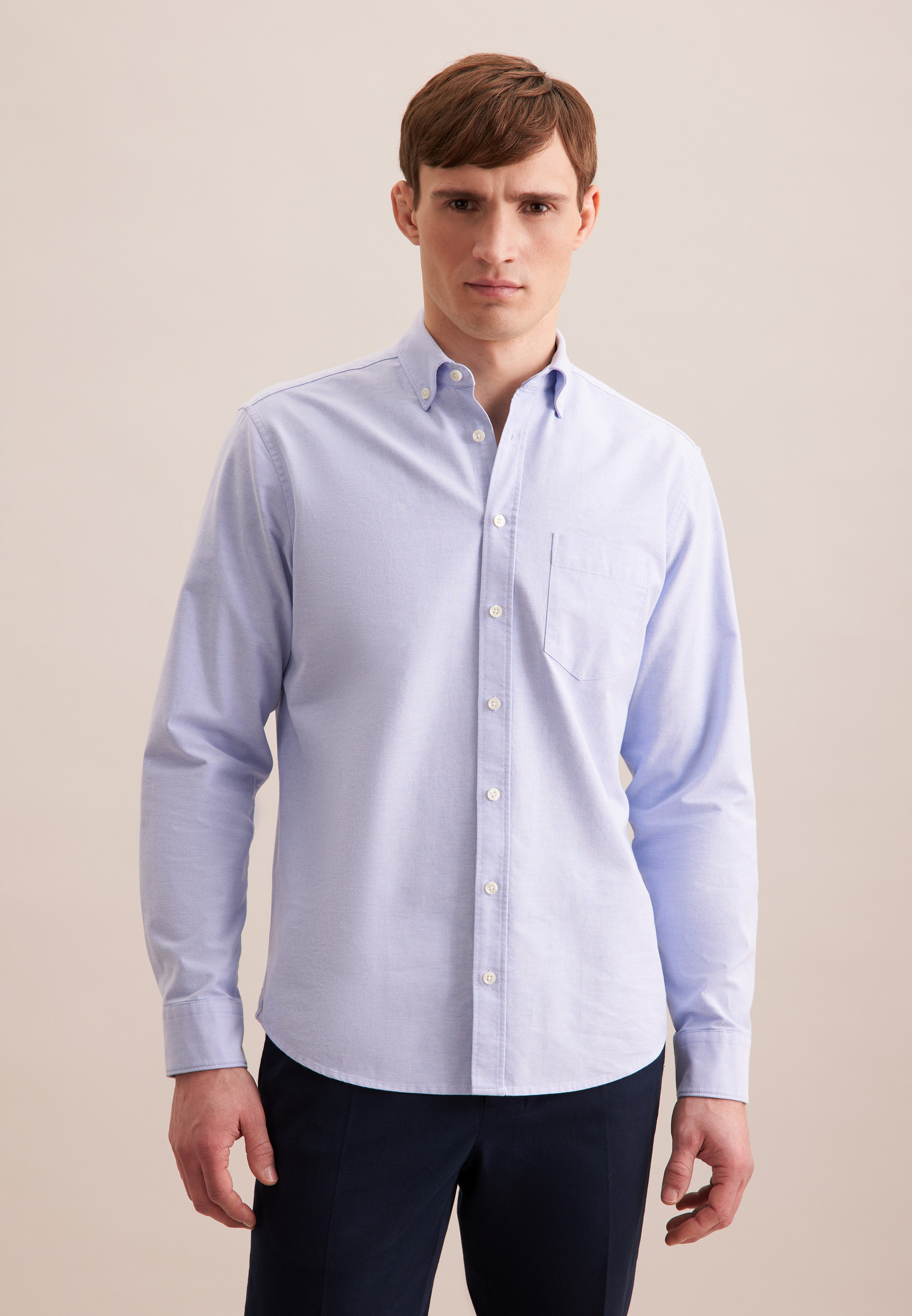 Businesshemd SEIDENSTICKER, Herren, Gr. L41, normale Ärmellängen, blau (mittelblau), 100% Baumwolle, unifarben, regular fit, 2-Knopf-Manschette, Hemden, Regular 1/1 Button-Down-Kragen Uni Image