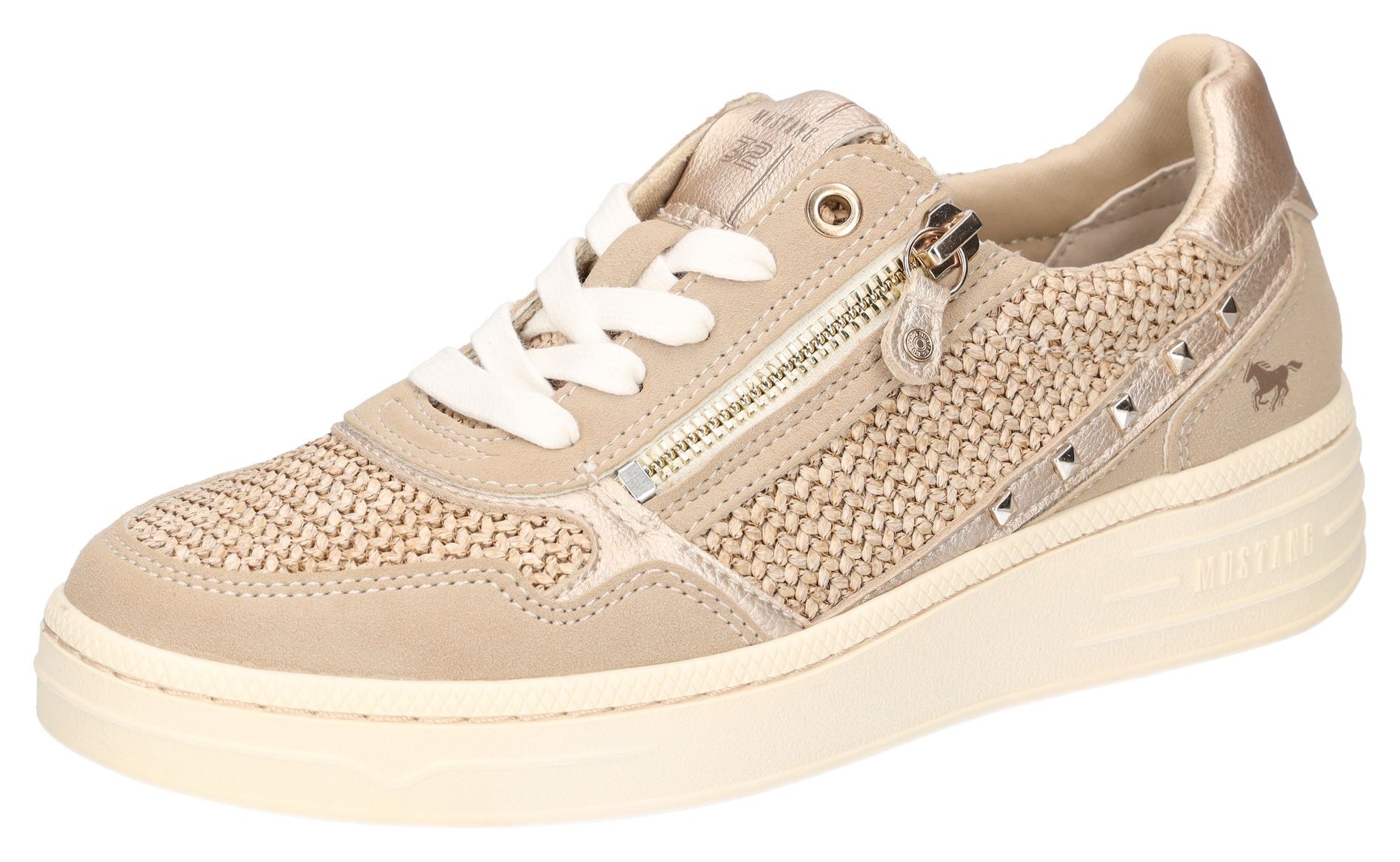 Sneaker MUSTANG SHOES, Damen, Gr. 39, gold (beige, taupe, goldfarben), Lederimitat, Textil, Schuhe Sneaker, Plateausneaker, Schnürschuh mit Glitzernieten