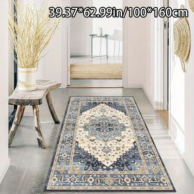"TEMU Luxurious Vintage Persian-style Area Mat - 78.74" X 118.11", Non-slip Backing, Machine Washable, Blue & Beige Floral Pattern, Living Room, Bedroom, Or Office Decor" Image