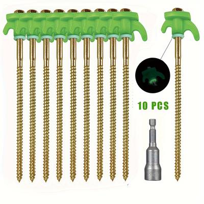 TEMU 10-pack Iron Tent Stakes - Multi-use Spiral Ground Anchors With -the-dark Tops & Hex Head Driver For Camping, Outdoor Use Image