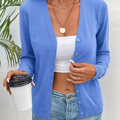 TEMU Women's Viscose Knit Cardigan With V-neck, Solid Color, Button Details, Regular Fit Long Sleeve - Spring/fall Image