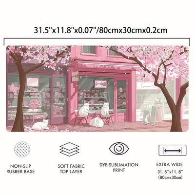 TEMU Large Pink Cherry Blossoms Anime Cats Mouse Pad - Non-slip, Waterproof Rubber With Image