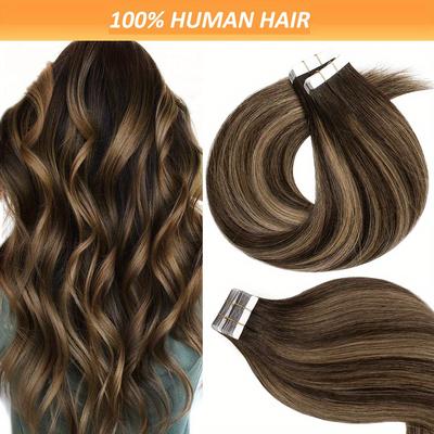 TEMU Tape In Hair Extensions 20pcs/ Pack 50g Real Human Hair For Short Hair Light Brown Highlighted Extensions Long-lasting Easy To Apply Reusable And Hair Suitable For All People Image
