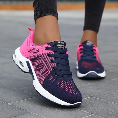 TEMU Women's Breathable Knit Running Shoes With Air Cushion - Lightweight Casual Sneakers, Black Mesh Upper, Comfortable Low- For Wear Image