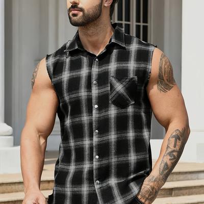 TEMU Men's Sleeveless Shirt - Casual Summer Top, Black And White Checkered, Button-up Collared Blouse With Chest Pocket, Machine Washable, Ideal For Outdoor Activities Image