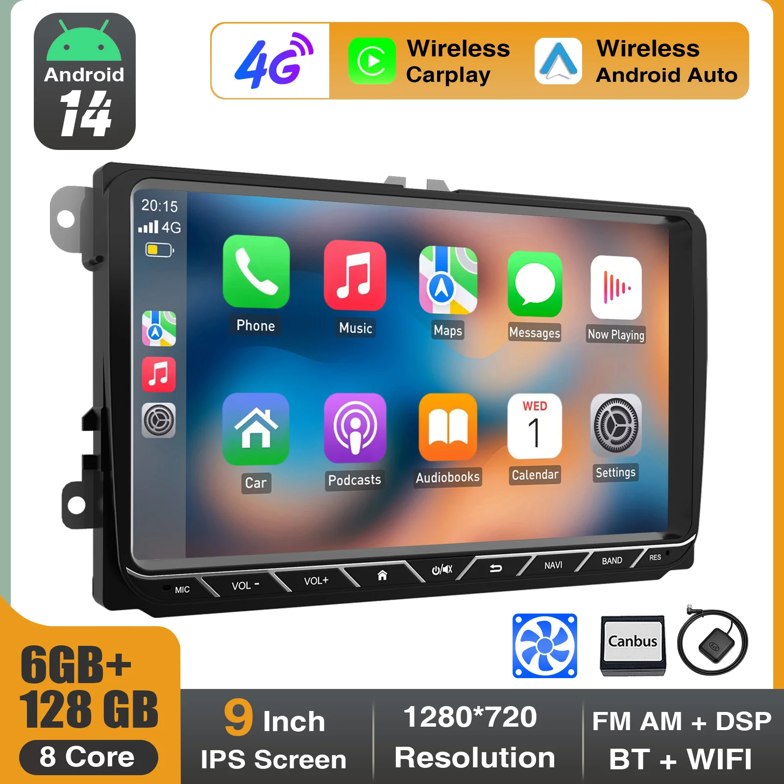 ESSGOO Autoradio 9" Android 14 6+128G 8-Kern mit Wireless Carplay für VW Golf 5 6 Passat Polo Touran Tiguan Jetta, Android Auto, 4G DSP, GPS Navigation, WLAN, FM/AM/RDS Image