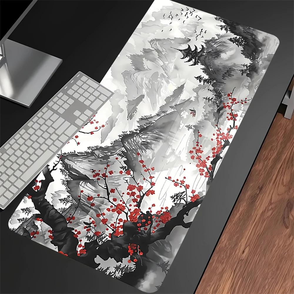 Xxl Erweiterte Schreibtischunterlage, großes schwarz-weißes Kirschblüten-Spiel-Mauspad, Schlosskante, Tastaturmatte, Sakura, rutschfestes Gummi-Mauspad Image