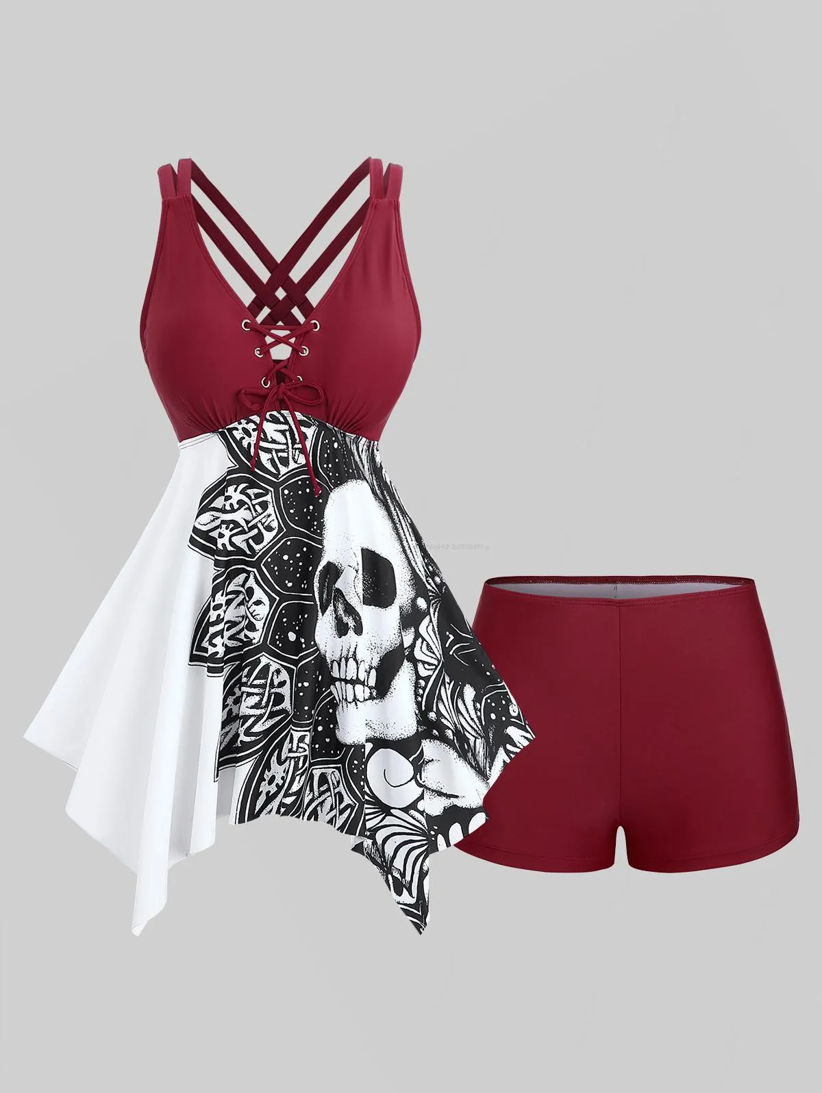 Rosegal Damen-Tankini-Badeanzug, Übergröße, Blumenschädel-Druck, Ösen, Schnürung, Gitter, kreuz und quer, asymmetrisch, Boylegs Image