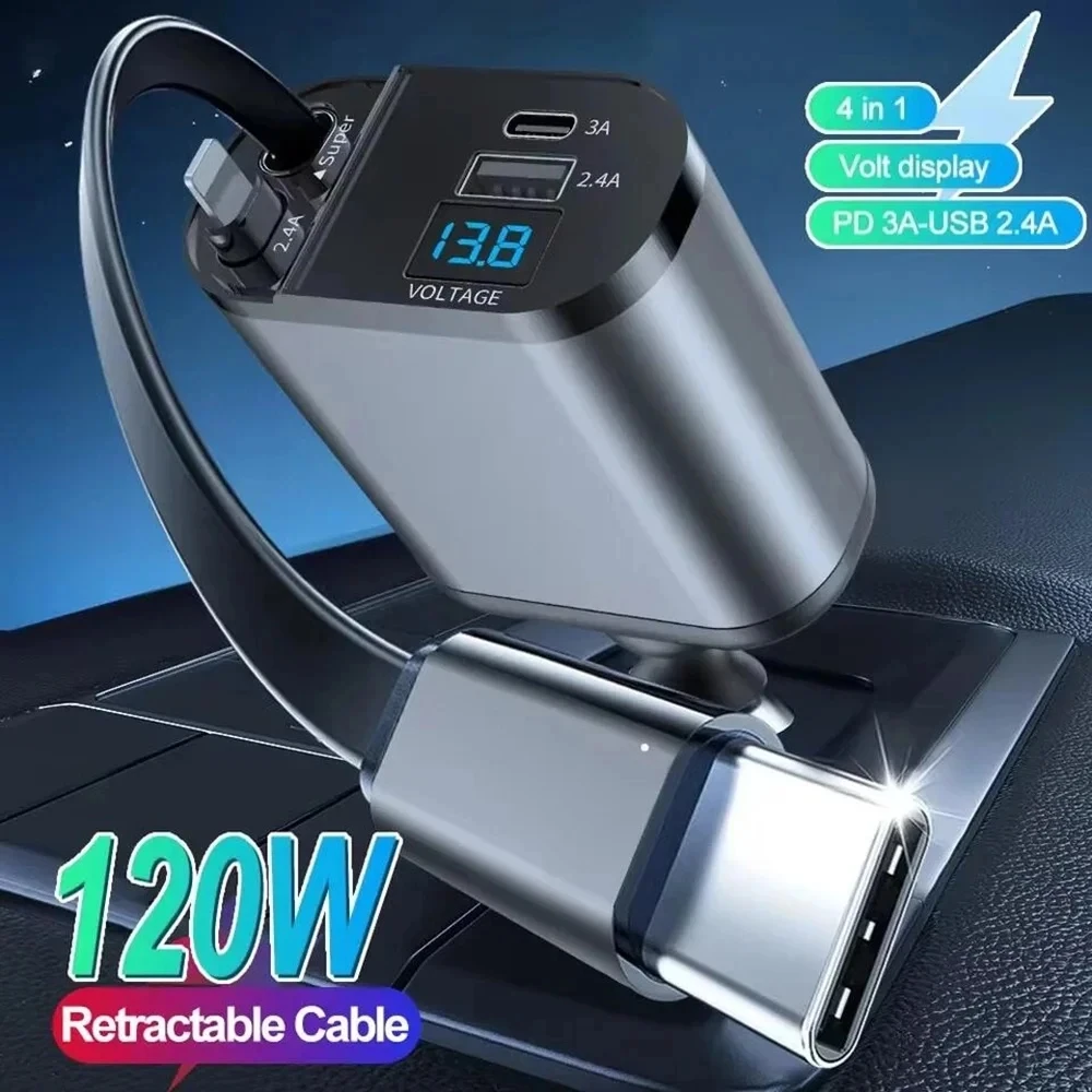 100 W skalierbares Autoladegerät 4-in-1-USB-C-Kabel, geeignet für iPhone, Huawei, Samsung, Schnellladekabel, Zigarettenanzünder-Adapter Image
