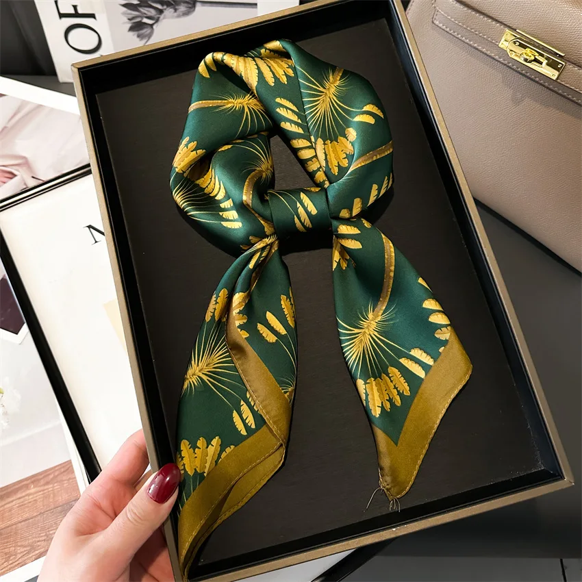 Neuer quadratischer Schal aus Satin mit grünem Weizen-Aufdruck für Damen, weich, leicht, winddicht, modisches Accessoire, Halstuch, Bandana Image