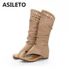 ASILETO Sommer Coole Vintage Midcalf Frauen Sandalen Clip Toe 35 cm Hohe Flache Ferse Schnallen Casual Schuhe Große Größe 43 khaki