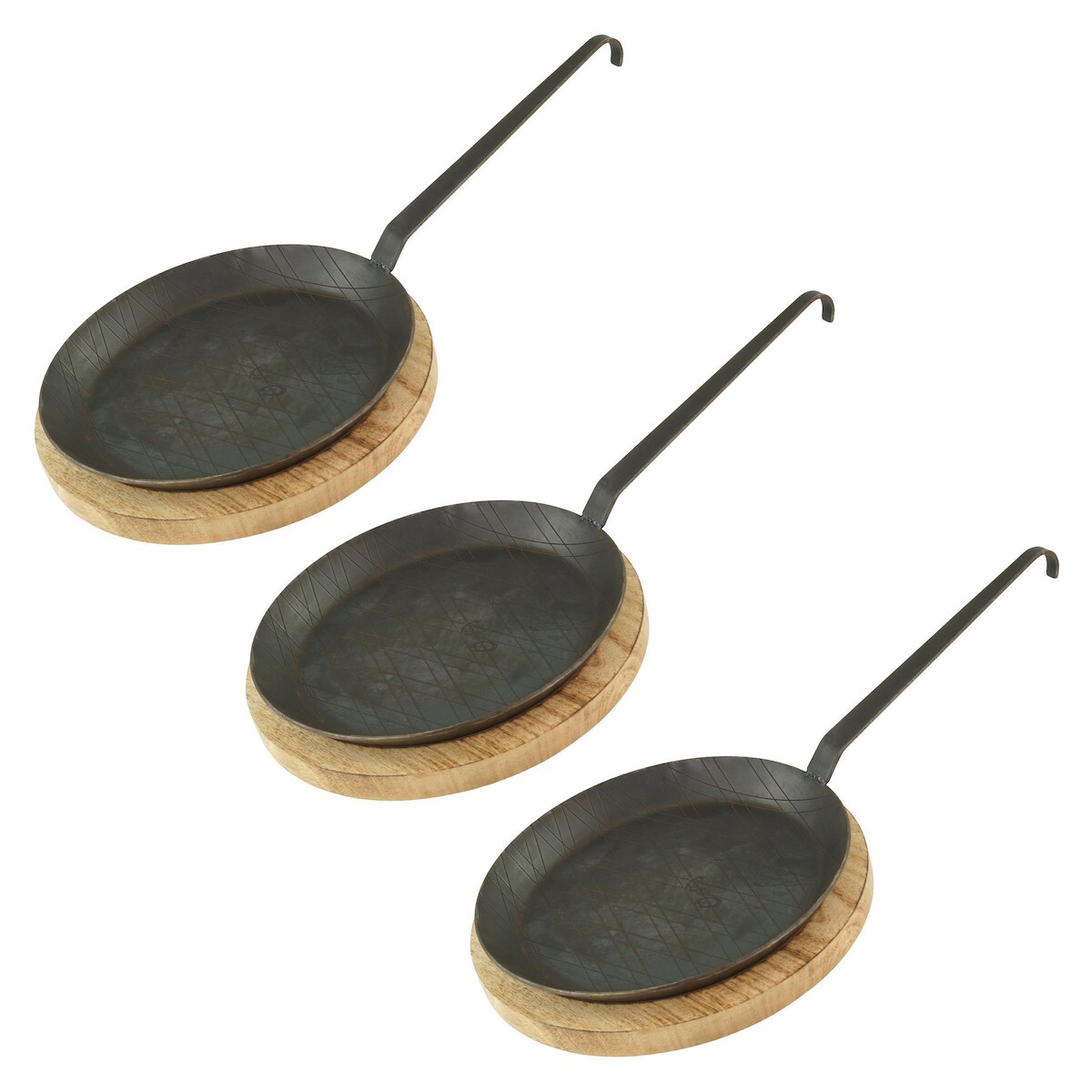 GVK ECO Schmiedeeiserne Brat- und Servierpfanne 3 Stück Ø 24 cm mit Hakenstiel inklusive Servierbrett Image