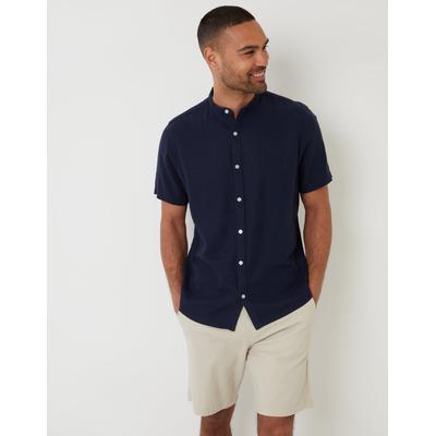 Threadbare Men's Navy Grandad Collar Linen Blend Short Sleeve Shirt