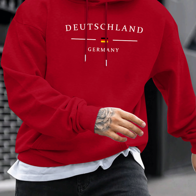 TEMU 1pc Deutschland Germany Flag Print Hoodie, Polyester Knit Fabric With Stretch, Regular Fit Hooded Sweatshirt For Men, Geometric Pattern, Fall/winter Collection Image