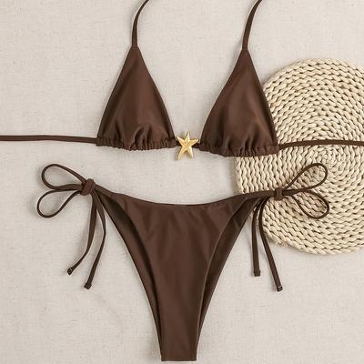 TEMU Brown Sexy Triangle Cup Bikini With A Halter Neck And Plain Fabric Accessories. Image