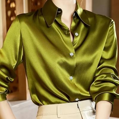 TEMU Elegant Solid Color Satin Blouse With Lapel Collar, Polyester Spandex , Machine Washable - Top For Women, Elegant Attire | Smooth | Fabric Image