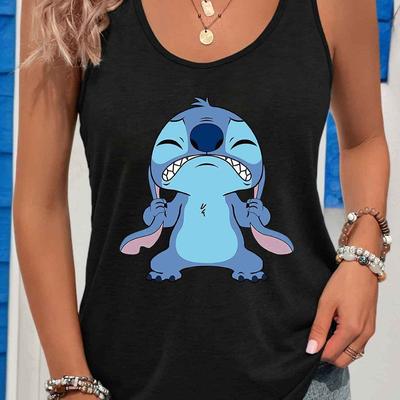 TEMU & Stitch Women's Slim Fit Sleeveless Vest - Lightweight Polyester Summer Top With Stitch Graphic, Round Neck Casual Tank For Beach & Casual Attire, Stretch Fabric Image