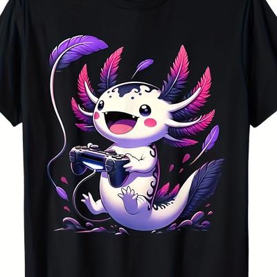 TEMU Men's Cute Mesiotolt Gaming Graphic T-shirt - Soft Cotton, Casual Round Neck, Short Sleeve, Black With Vibrant , Machine Washable, And Anime Fans, Anime Fan Gear | | Glossy Finish Image