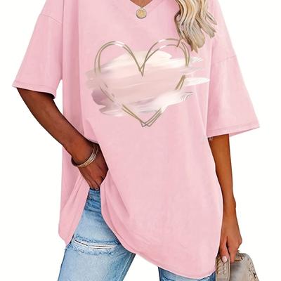 TEMU Plus Size Women's Elegant V-neck T-shirt With Heart Graphic - Soft, Stretchy Fabric, Short Sleeve, Casual Spring/summer Top, Casual Wear|graphic Tee| Image