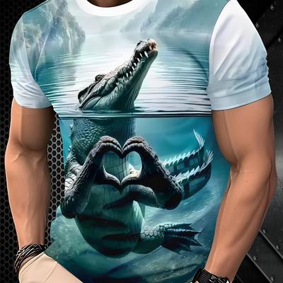 TEMU Men' Crocodile Print T-shirt, Casual Crew Neck, 100% Polyester Knit Fabric, Stretch, Regular Fit, 110gsm - Stylish Tee Image