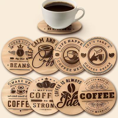 "TEMU 8pcs Wooden Coffee-themed Coasters Set, Hand Washable, No Electricity Needed, Versatile Use For Home, Bar, Office, With 3.93" Diameter For Party & Daily Use" Image