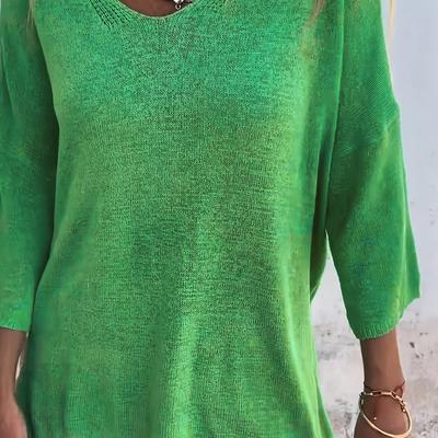 TEMU Women's Casual V-neck Long Sleeve Sweater - Semi-sheer Lightweight Top For Spring/summer, Breathable & (hand Wash/), Sweater, Everyday Apparel, Design, Delicate Pattern Image