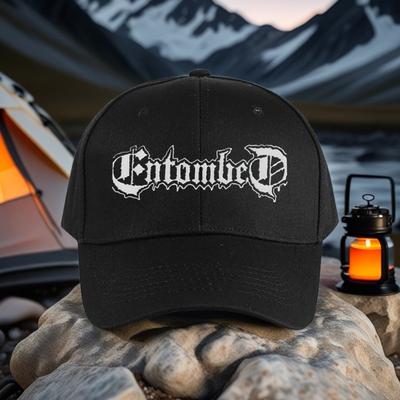"TEMU 1pc Unisex Black Sun Protection Peaked Cap With Trendy "entombed" Print - Breathable Polyester, For Like Camping & Hiking" Image