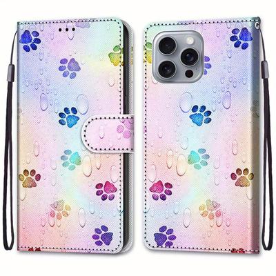 TEMU Footprint Droplet Voltage Painting Simple Women' Fold Artificial Leather Flip Phone With Lanyard And Card Slot Stand Wallet Suitable 12/13/14/15 Pro/16/16plus/16 Pro Image