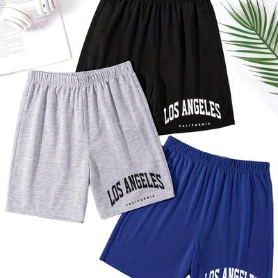 TEMU 3pcs Men's Shorts - Los Angeles Letter Print, Stretchy & Comfortable Shorts, 90 Drawstring Waist, Leisurewear Shorts||medium Elasticity Image