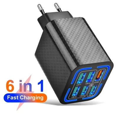 6-Port-USB-Ladegerät QC3.0 Schnelllade-Wandadapter für Mobiltelefone für iPhone Samsung Xiaomi Huawei EU/US/UK/KR-Stecker Image