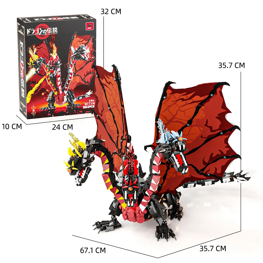 994-teiliges MOC Baustein-Set Dreiköpfiger Fliegender Drache mit Verstellbaren Flügeln Beweglicher Drache der Legende Kinderspielzeug Geschenk Image